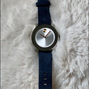 Movado Bold Silver Sunray Dial Blue Suede Watch